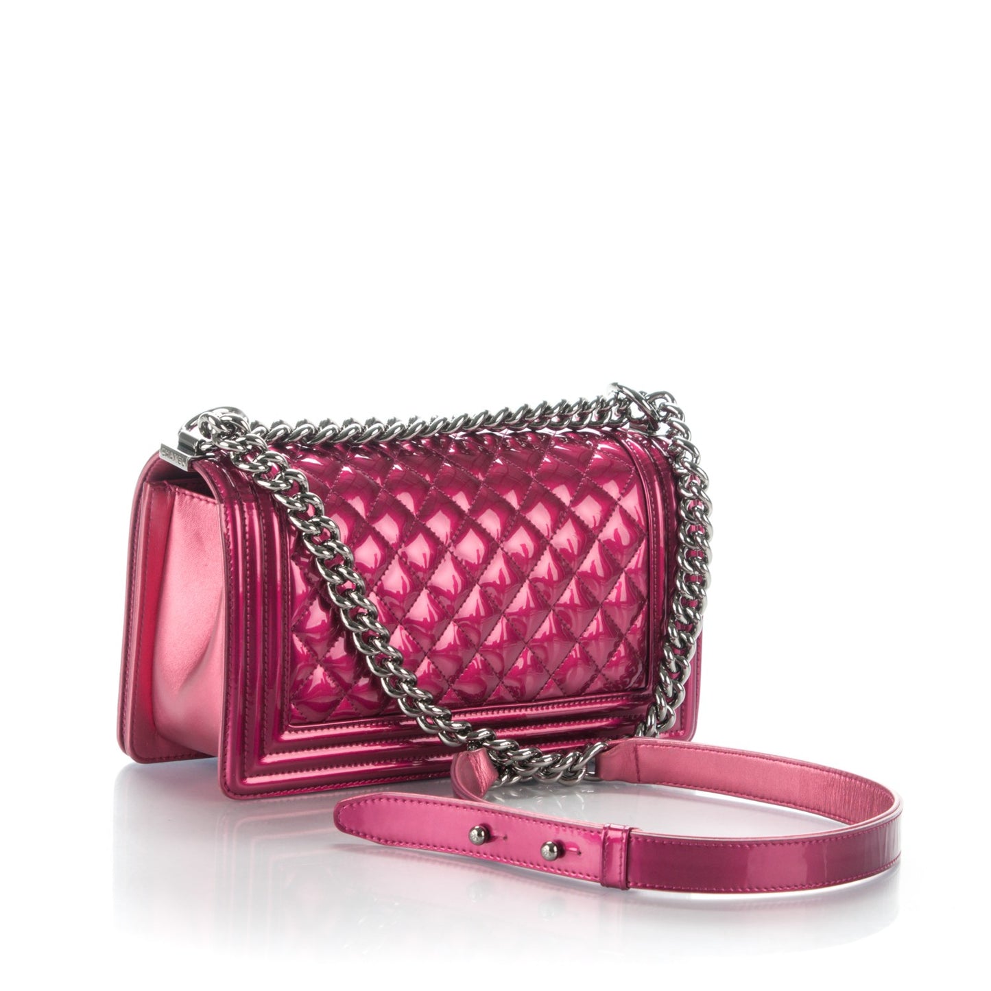 Metallic Patent Calfskin Quilted Medium Boy Flap Pink