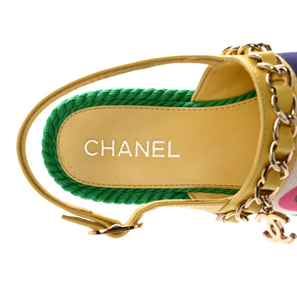 Chanel Lambskin Cotton Cork Printed Cap Toe Chain Mules Sandals 36 Multicolor Green 7 of 13