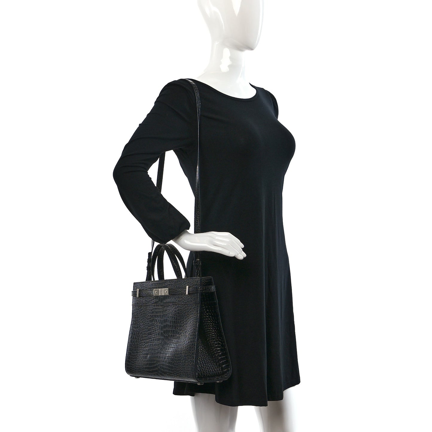 Shiny Calfskin Crocodile Embossed Small Manhattan Shopper Tote Black