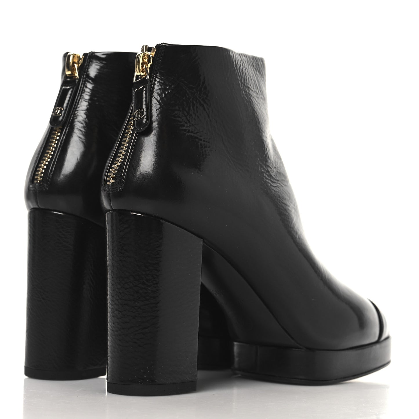 Shiny Crumpled Calfskin CC Cap Toe Ankle Boots 35.5 Black