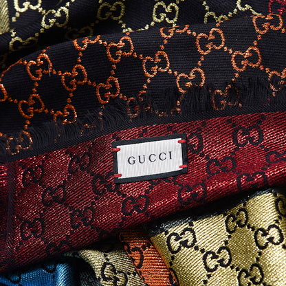 Gucci Viscose Cotton Silk Jacquard GG Monogram Shiny Summer Square Shawl Black Multicolor 3 of 4