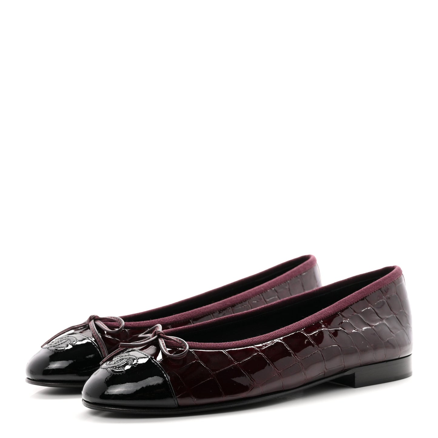Patent Calfskin Crocodile Embossed Ballerina Flats 36.5 Dark Burgundy Black