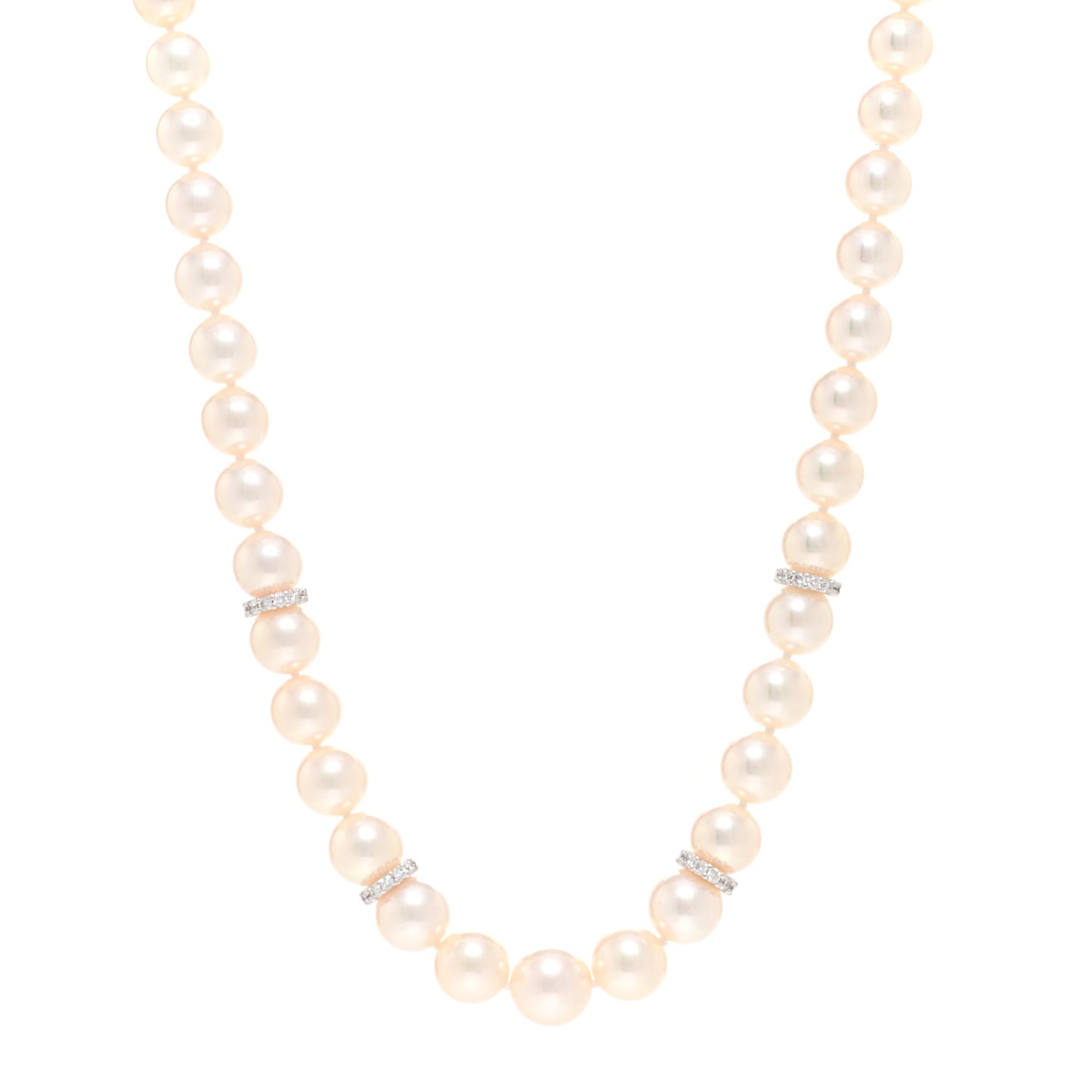 18K White Gold Diamond Akoya Pearl 7-7.5mm Strand Rondelle Necklace