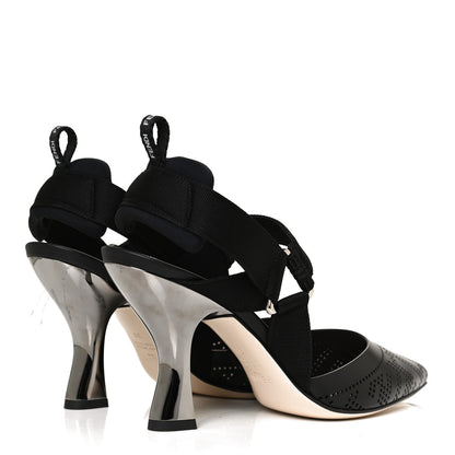 Fendi FF Perforated Calfskin Slingback Mid-Heel Pumps 38 Black 4 of 10