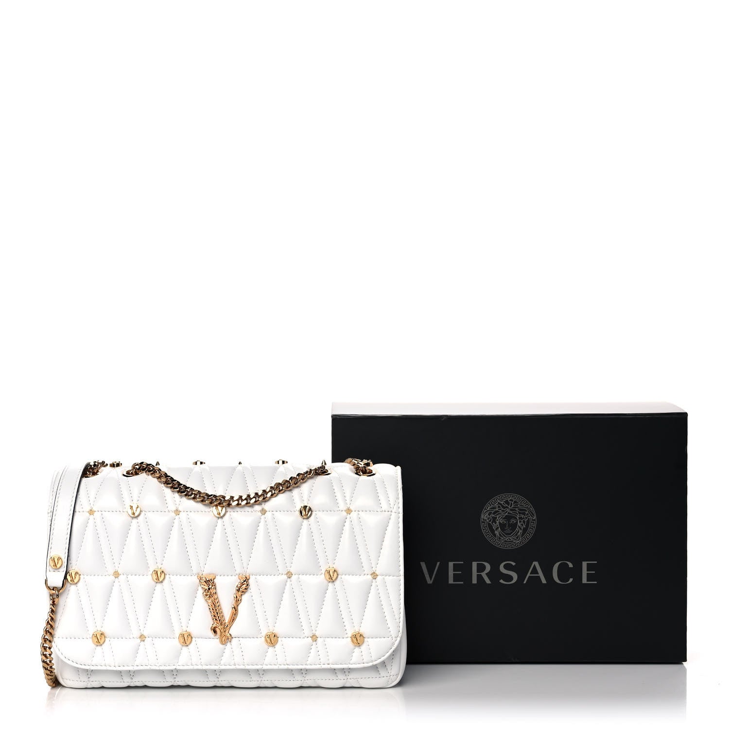 Versace Nappa Quilted Studded Virtus Shoulder Bag White 12 of 12