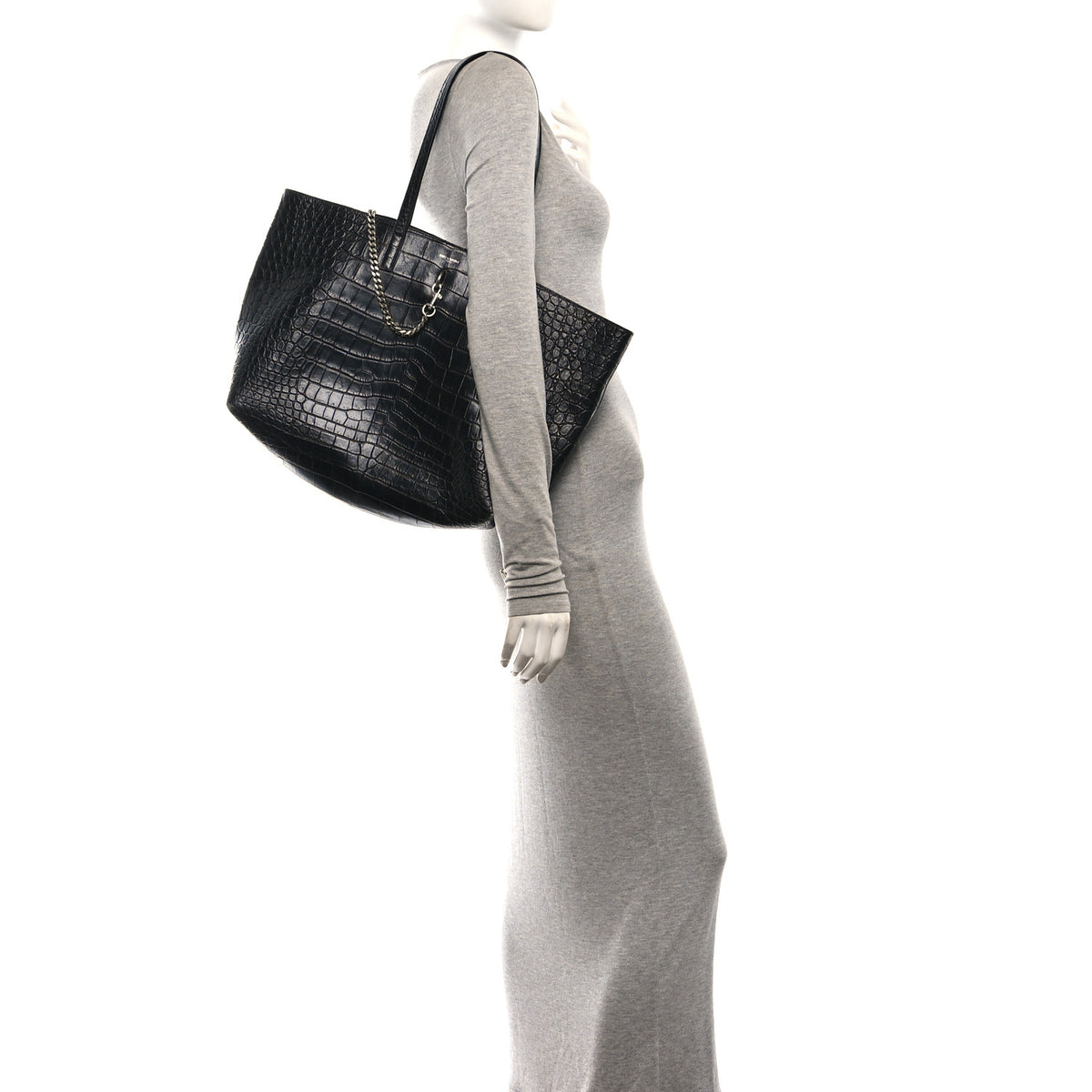 Saint Laurent Calfskin Crocodile Embossed Large Shopper Tote Black 2 of 12