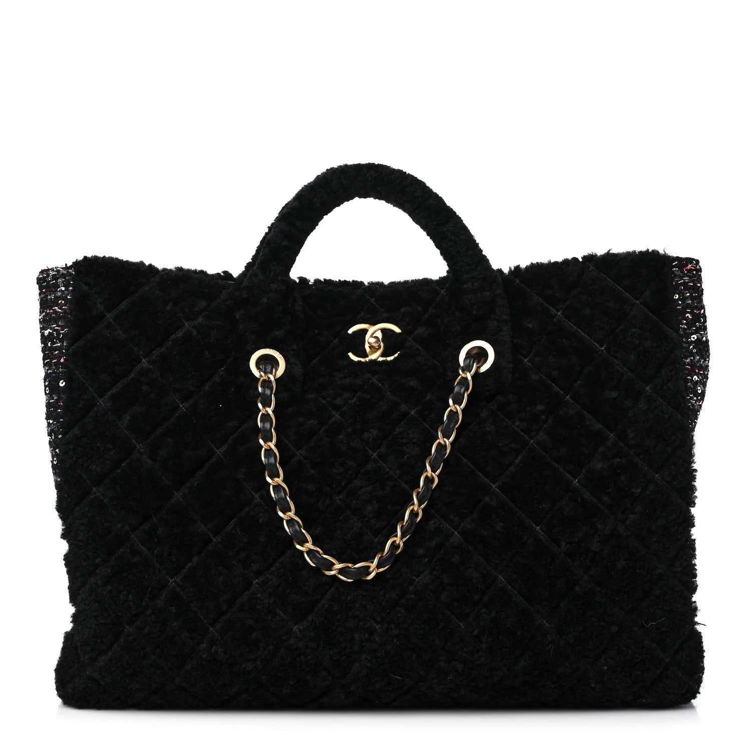 Chanel Shearling Sequin Tweed Shopper Tote Black 1 of 11
