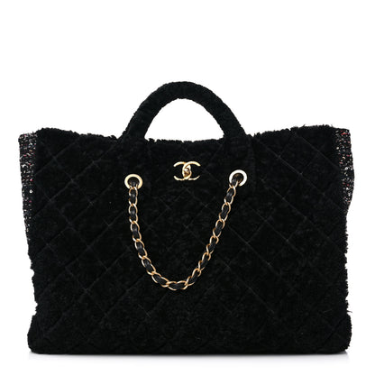 Chanel Shearling Sequin Tweed Shopper Tote Black 1 of 11