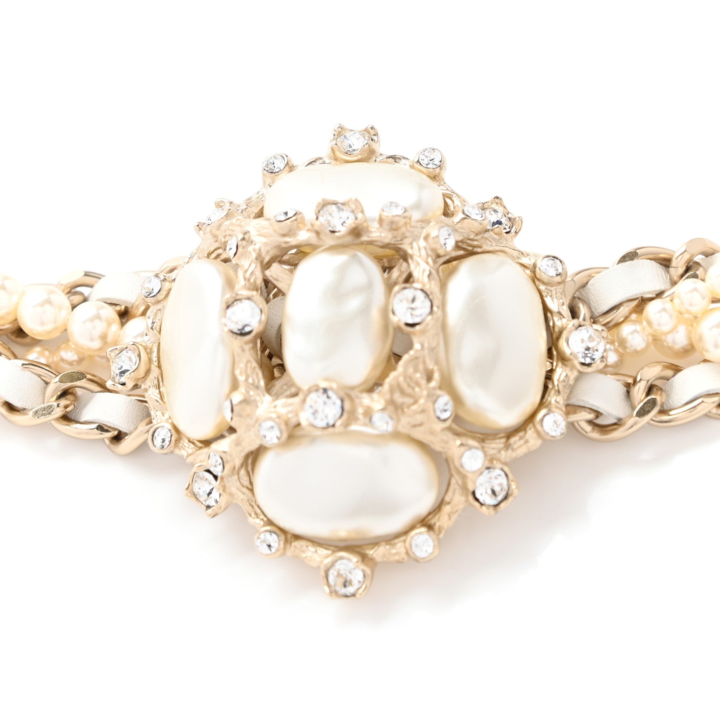 Lambskin Pearl Crystal Chain CC Fancy Belt White Gold