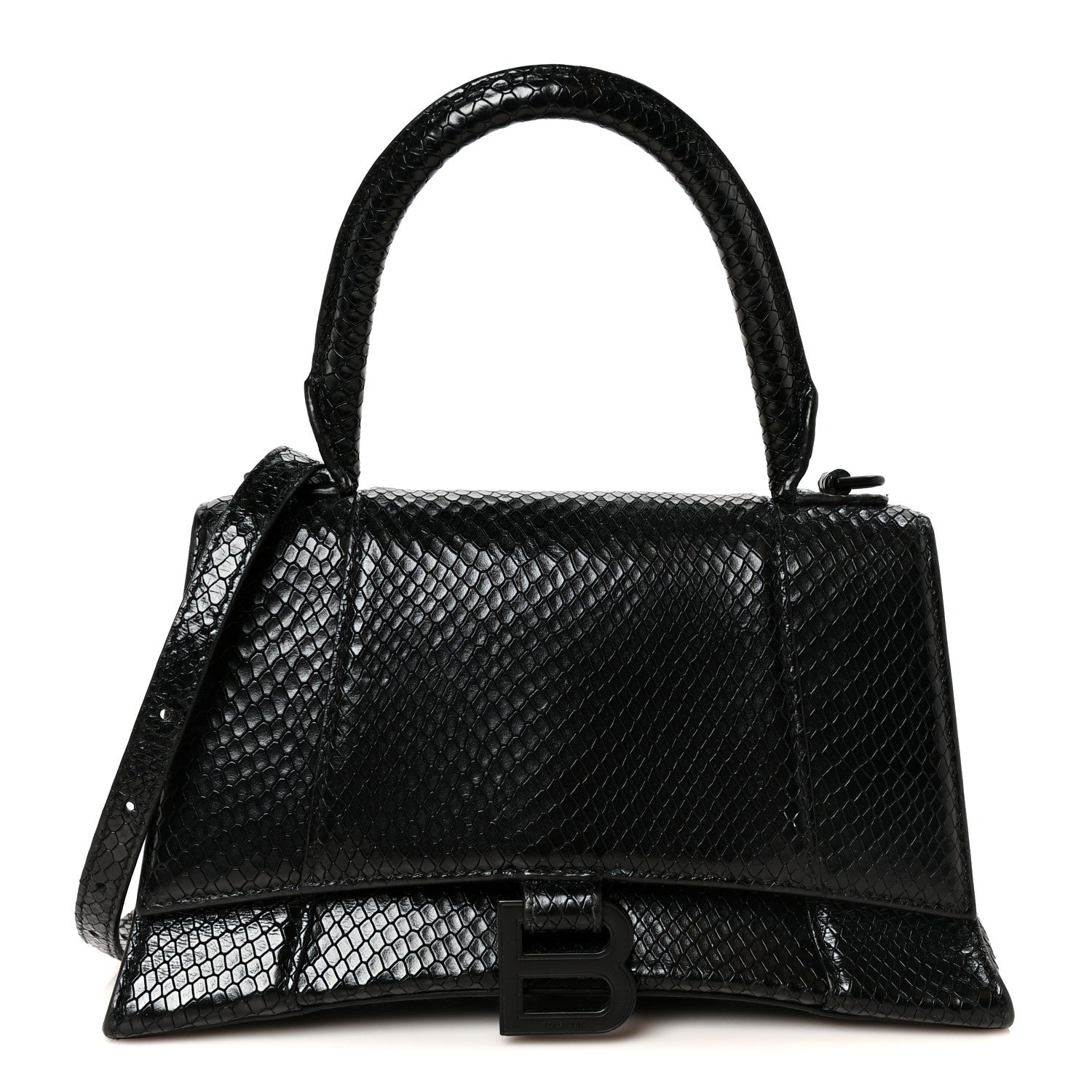 Balenciaga Matte Calfskin Snake Embossed Tonal B Small Hourglass Top Handle Bag Black 1 of 10