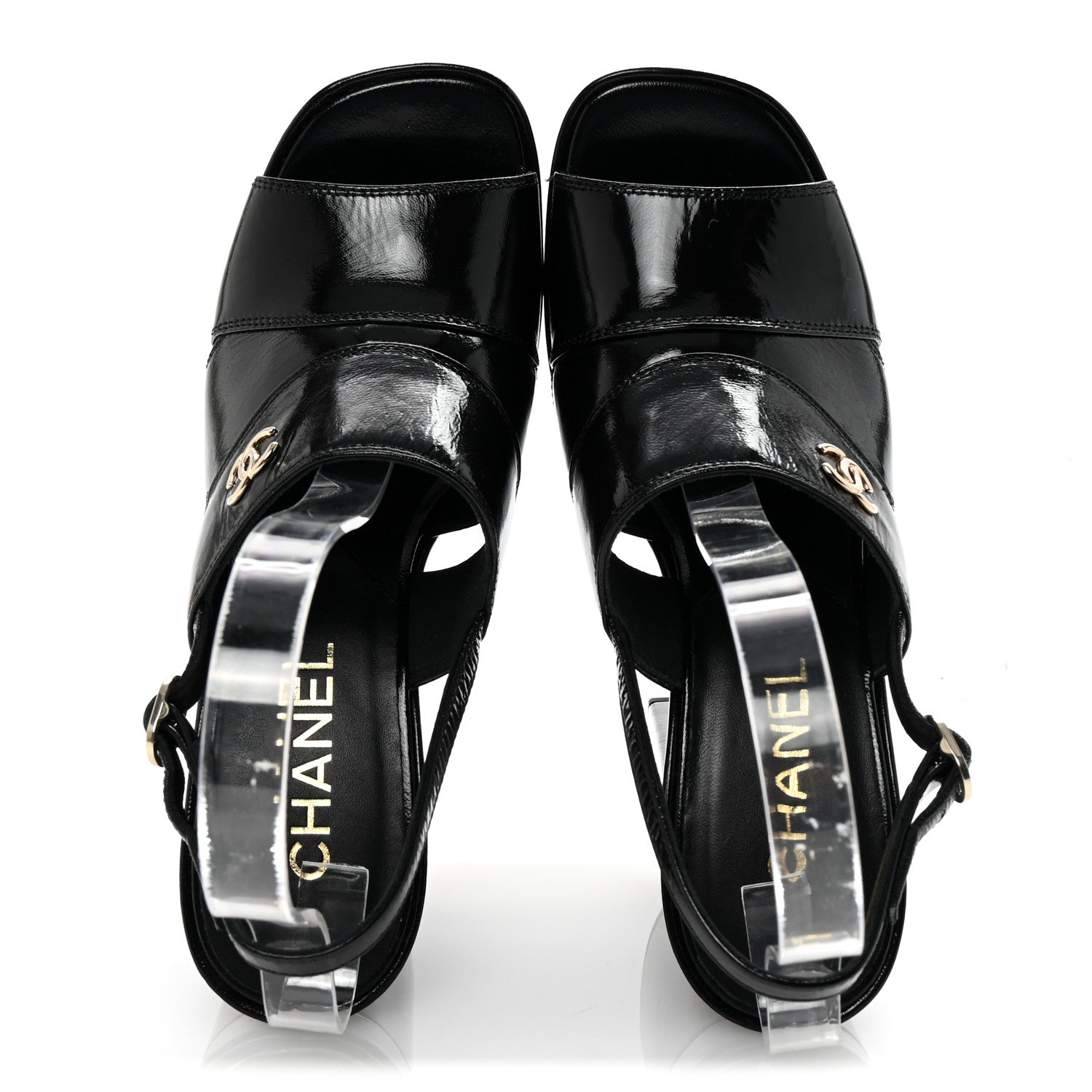 Chanel Crumpled Patent Lambskin Platform Sandals 37.5 Black