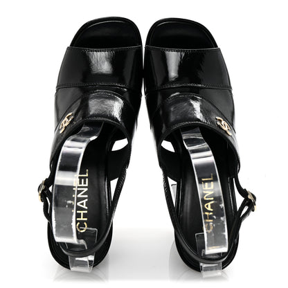 Chanel Crumpled Patent Lambskin Platform Sandals 37.5 Black 2 of 9