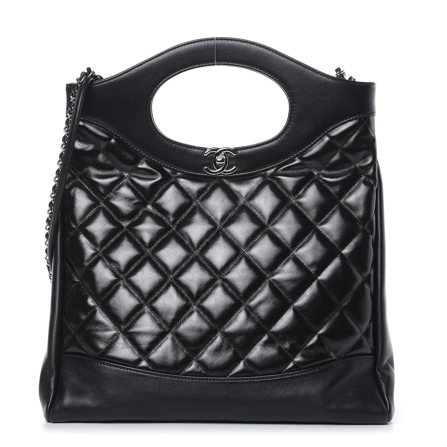 Glazed Lambskin Quilted Small 31 Shopping Bag Black
