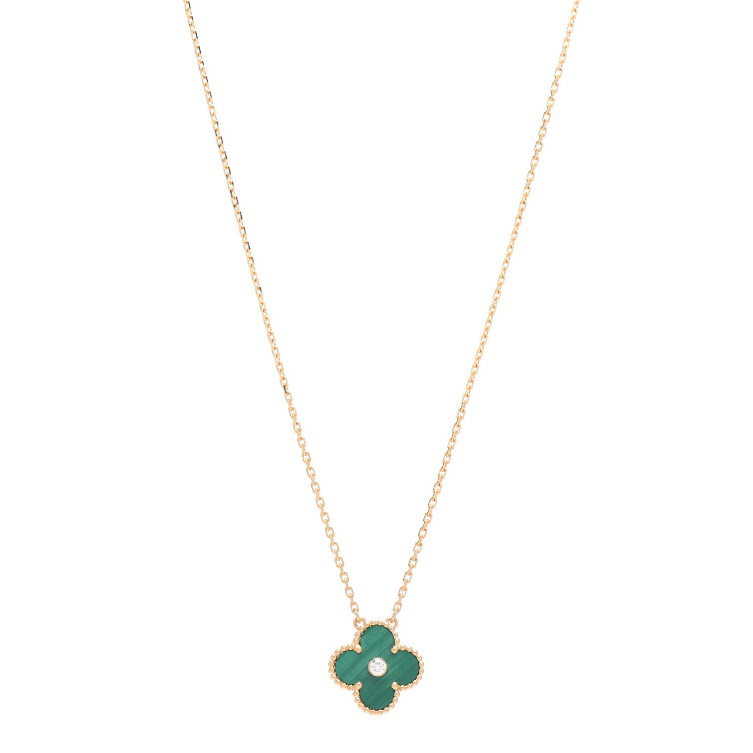 Van Cleef & Arpels 18K Yellow Gold Diamond Malachite Vintage Alhambra Pendant Necklace 1 of 5