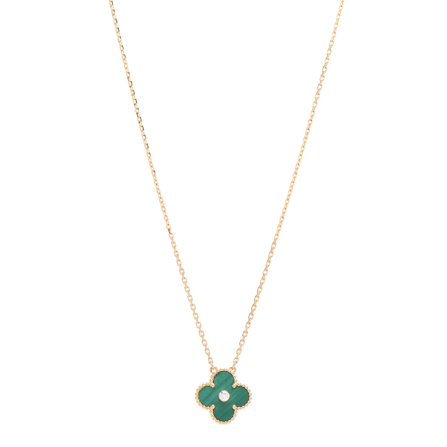 18K Yellow Gold Diamond Malachite Vintage Alhambra Pendant Necklace