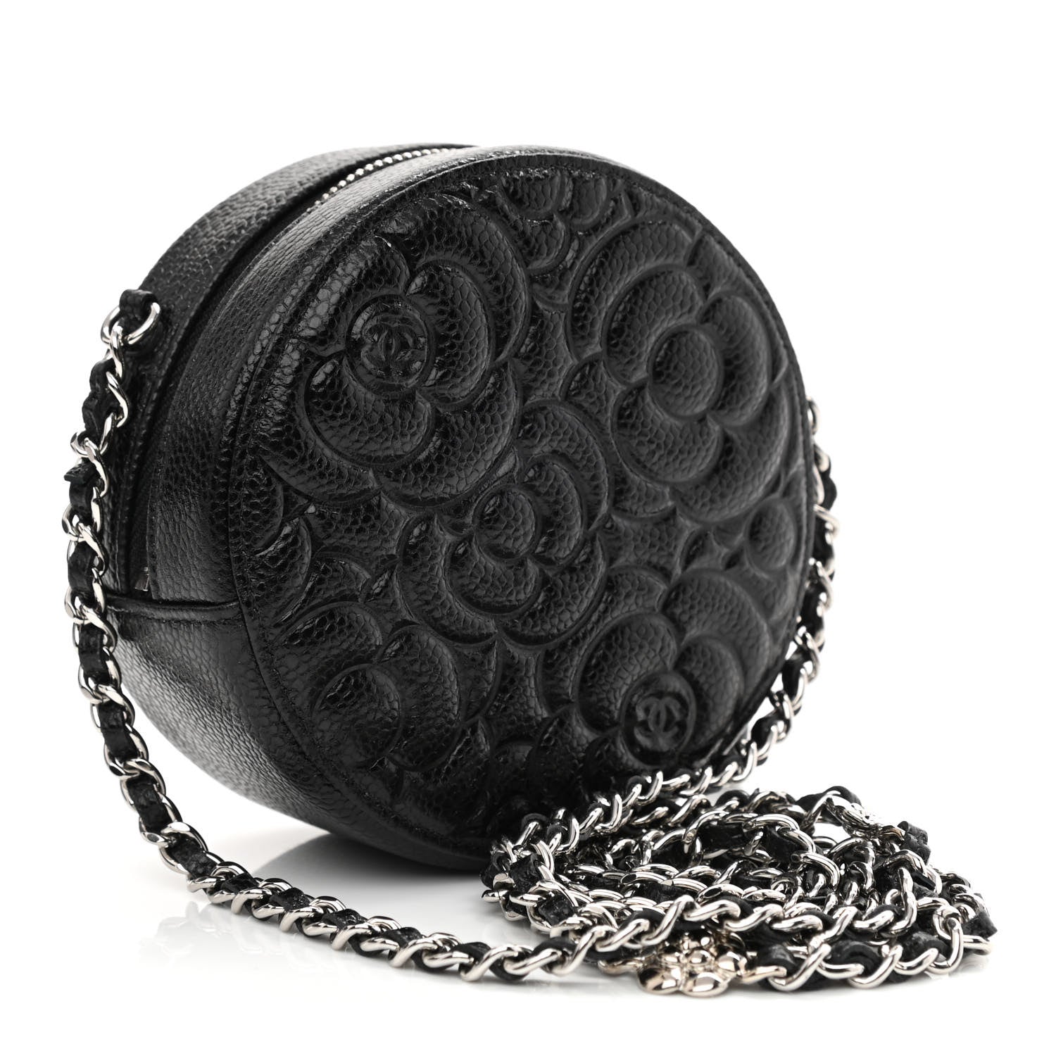 Chanel Caviar Camellia Embossed Round Clutch With Chain Black 3 of 11