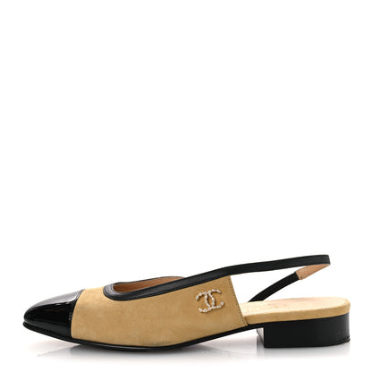Chanel Suede Patent Crystal CC Cap Toe Slingback Flats 37 Beige Black 1 of 13