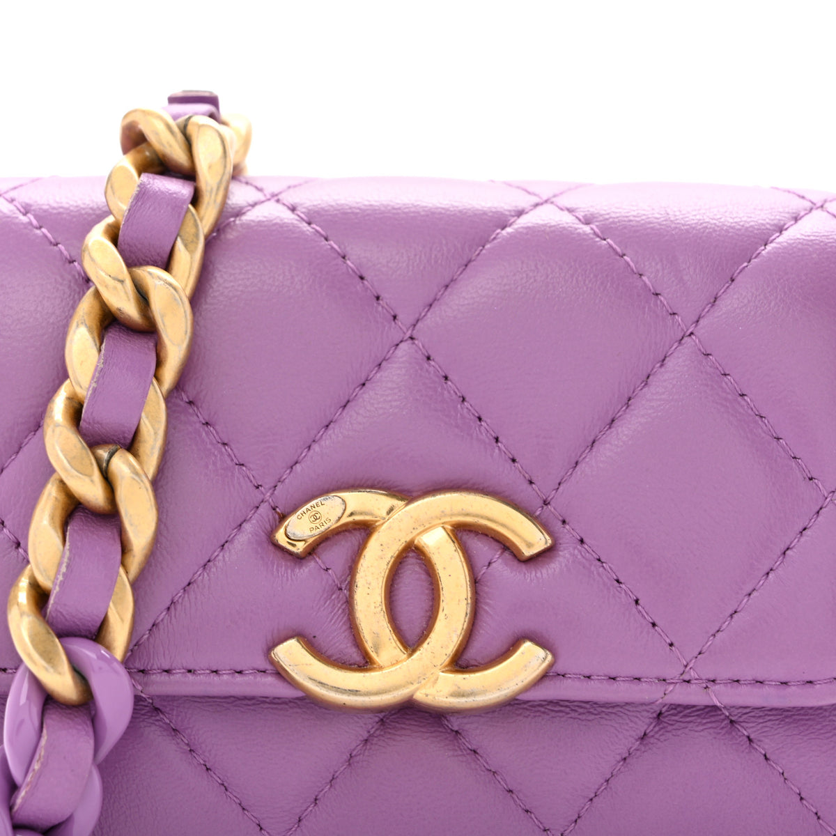 Lambskin Lacquered Metal Quilted Flap Chain Belt Bag Purple