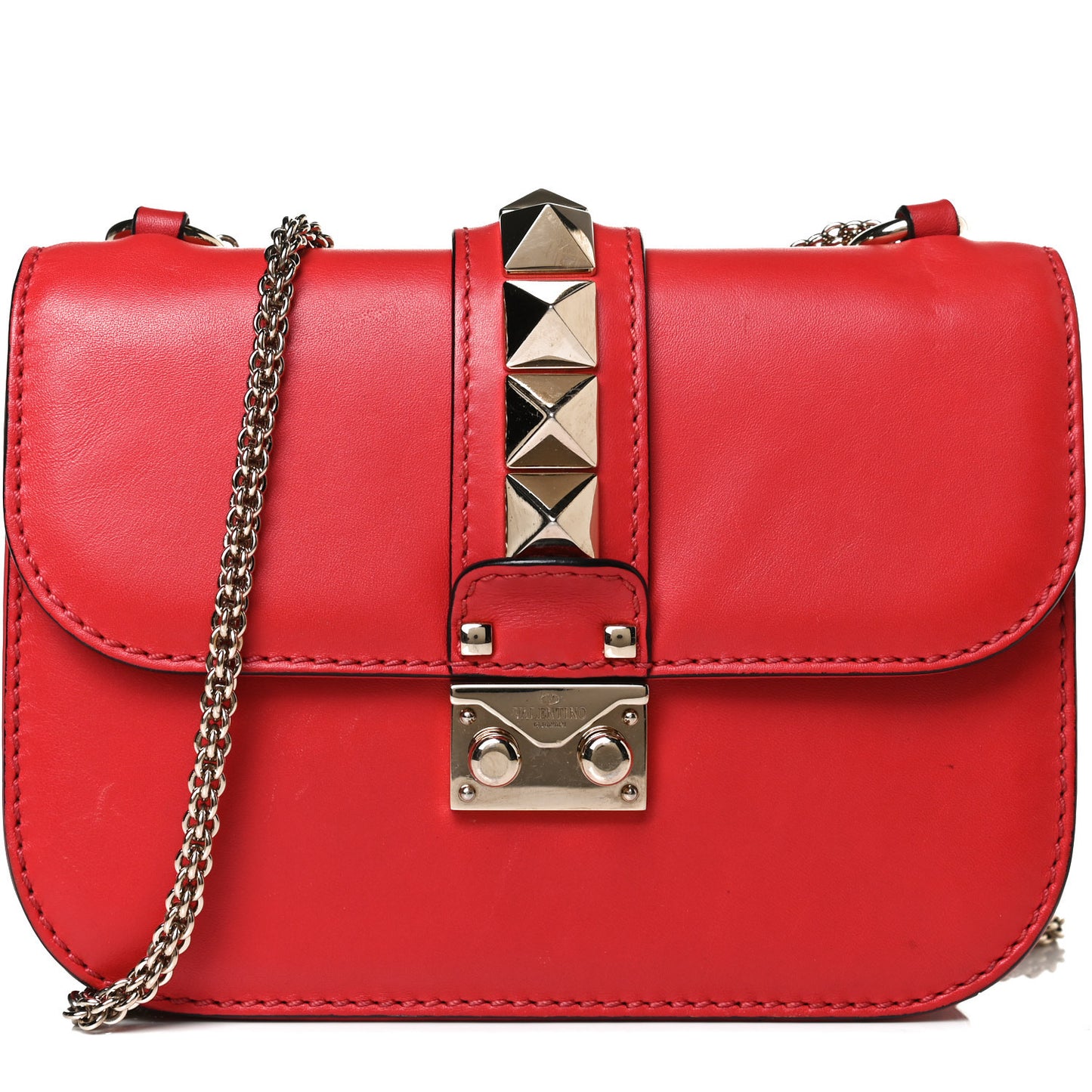 Vitello Small Glam Lock Rockstud Flap Red