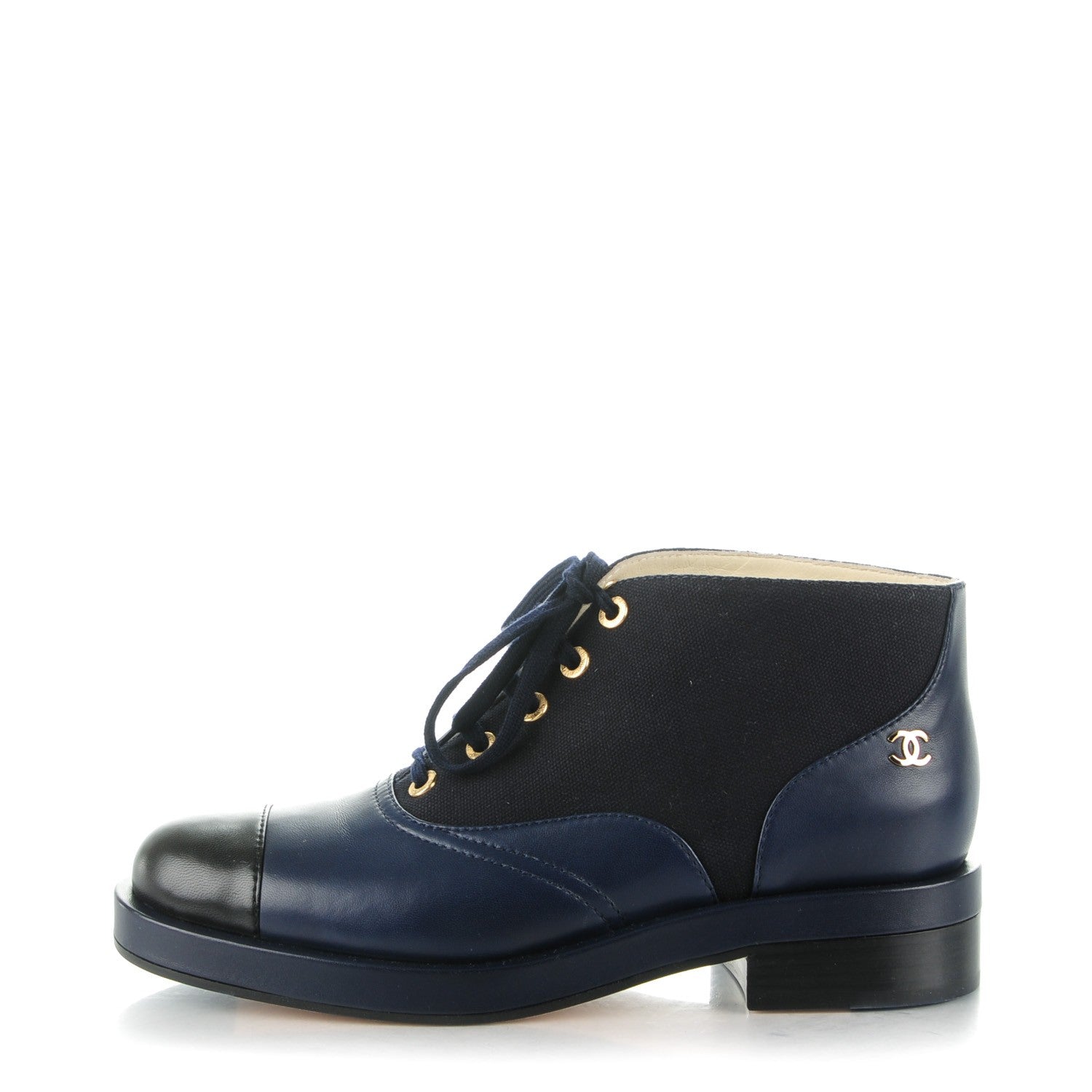Chanel Lambskin Canvas Short Boots 39.5 Black Navy 1 of 8
