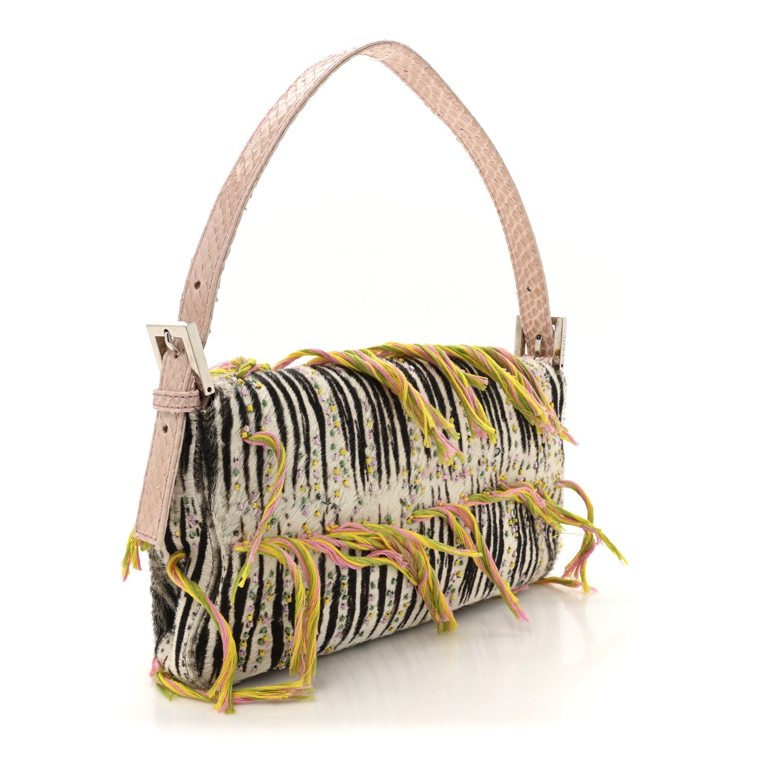 Fendi Calf Hair Snakeskin Zebra Print Beaded Fringe Baguette Multicolor 3 of 9