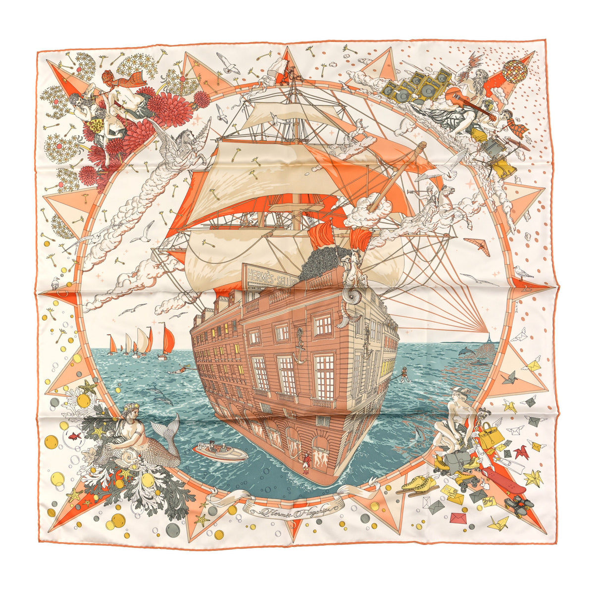 Hermes Silk Flagship Scarf 90 Creme Orange Vert 1 of 3