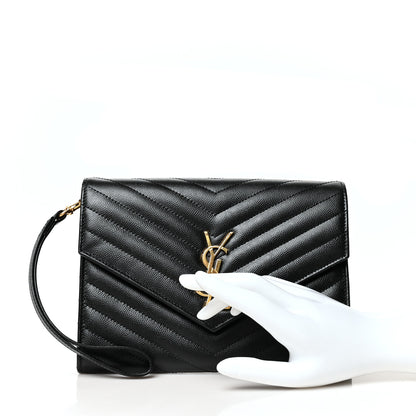 Saint Laurent Grain De Poudre Matelasse Chevron Monogram Envelope Clutch Black 3 of 11