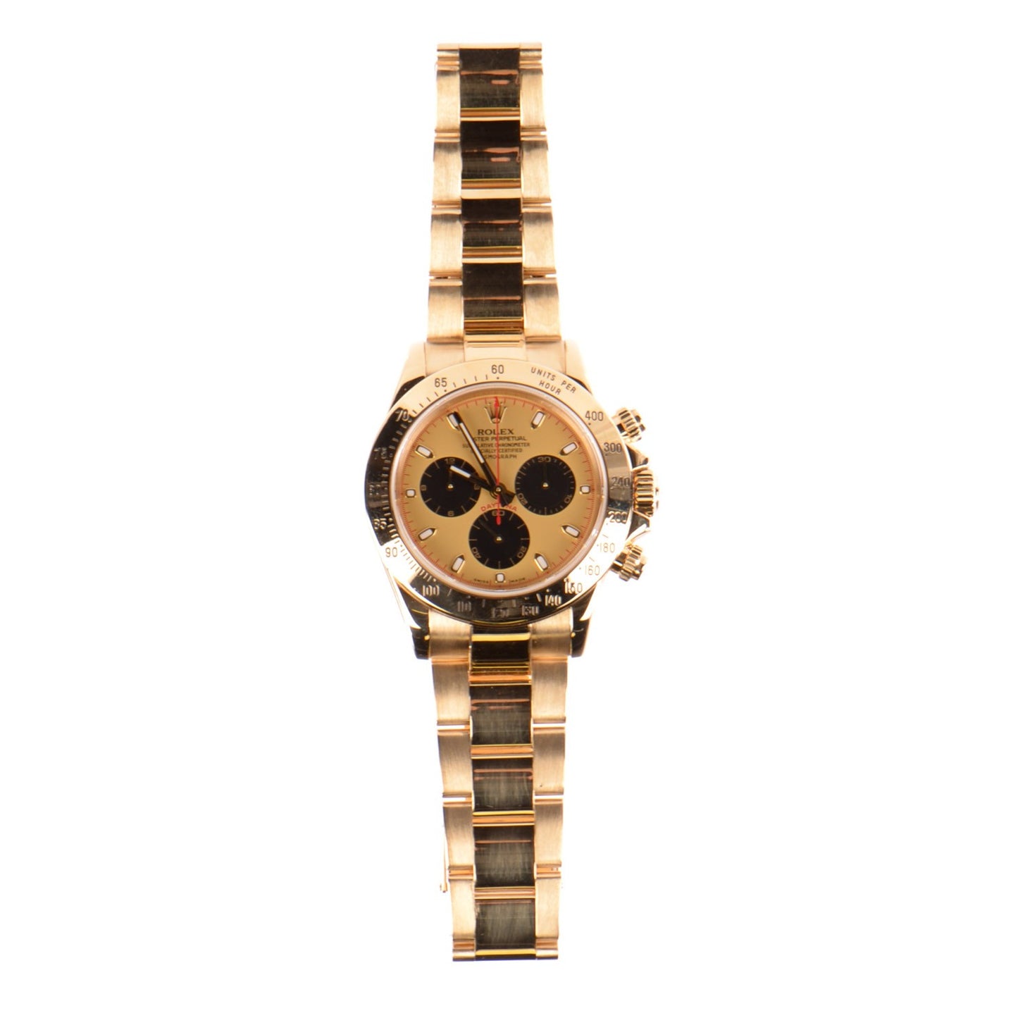 18K Yellow Gold 40mm Oyster Perpetual Cosmograph Daytona Watch Champagne Black 116528