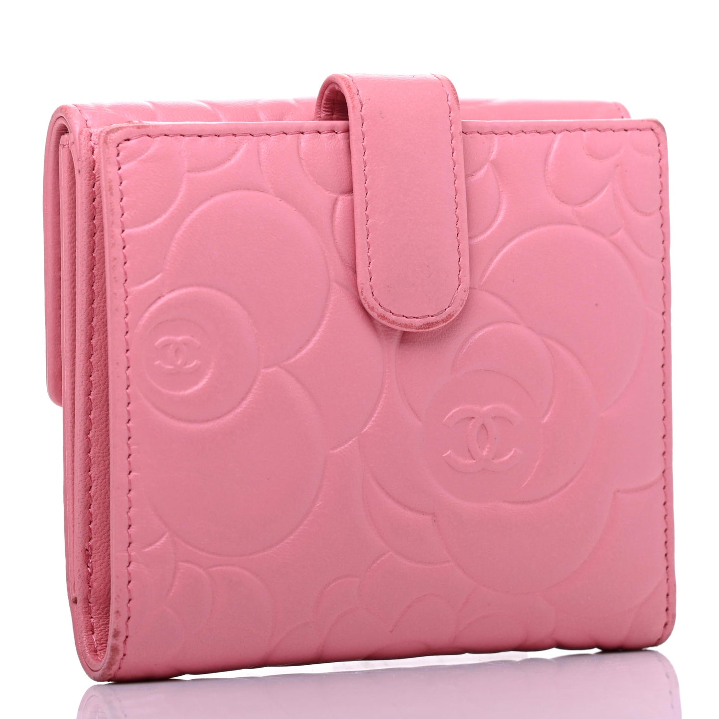 Lambskin Embossed Camellia French Wallet Pink