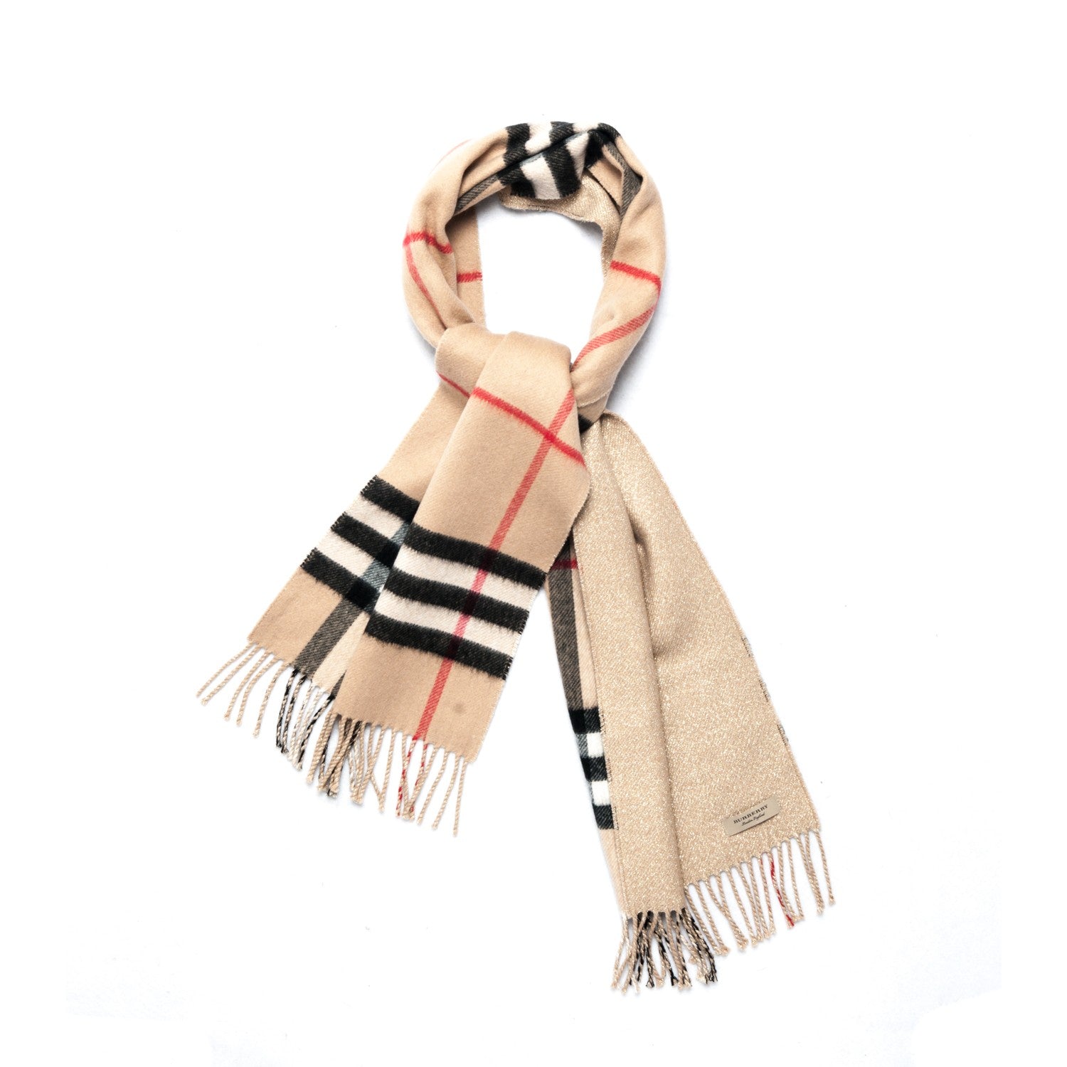 Burberry Cashmere Metallic Reversible Giant Check Fringe Scarf Camel Gold 1 of 5