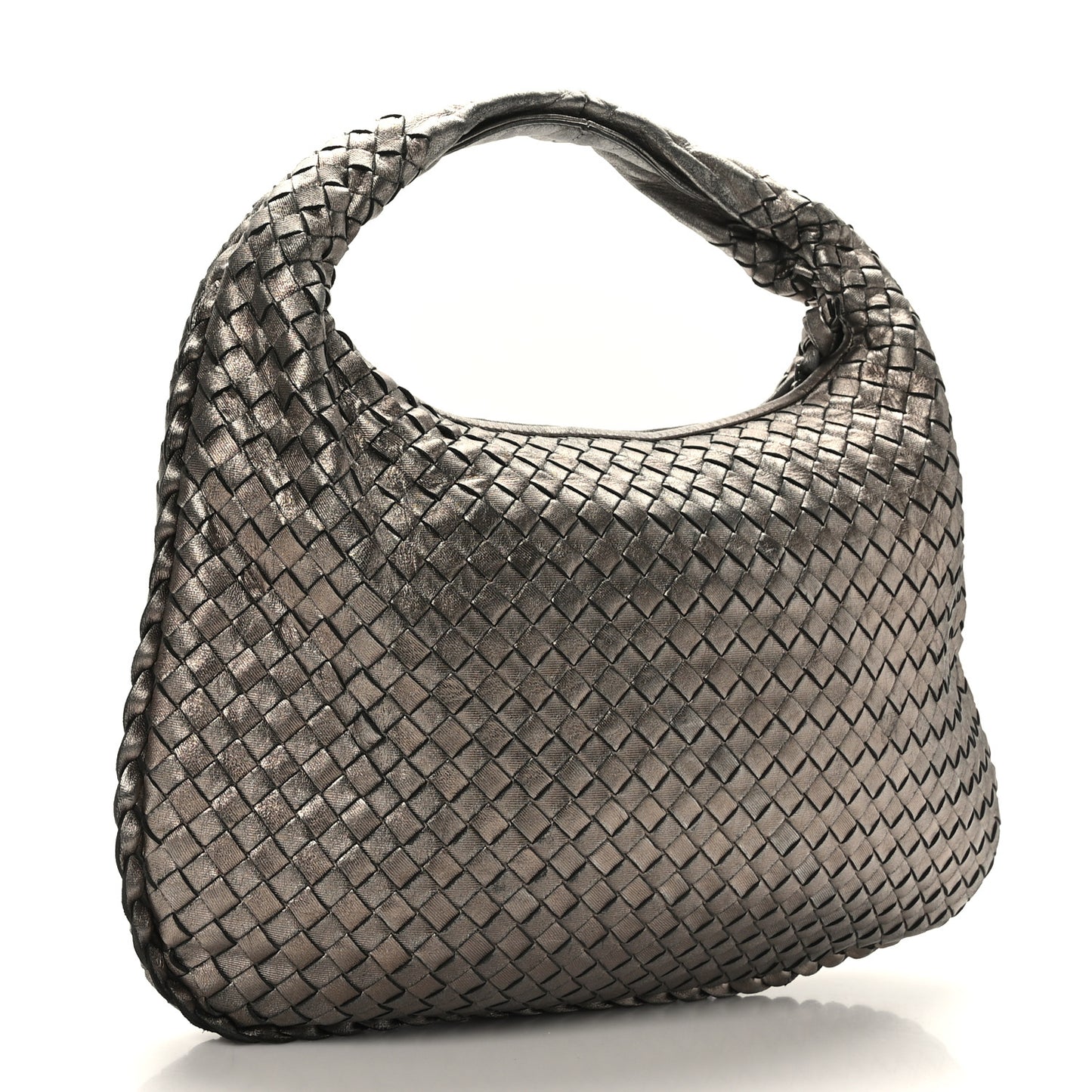 Metallic Nappa Intrecciato Medium Veneta Hobo Pewter