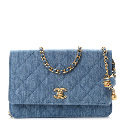 Chanel Denim Quilted CC Pearl Crush Wallet On Chain WOC Blue 1 of 9