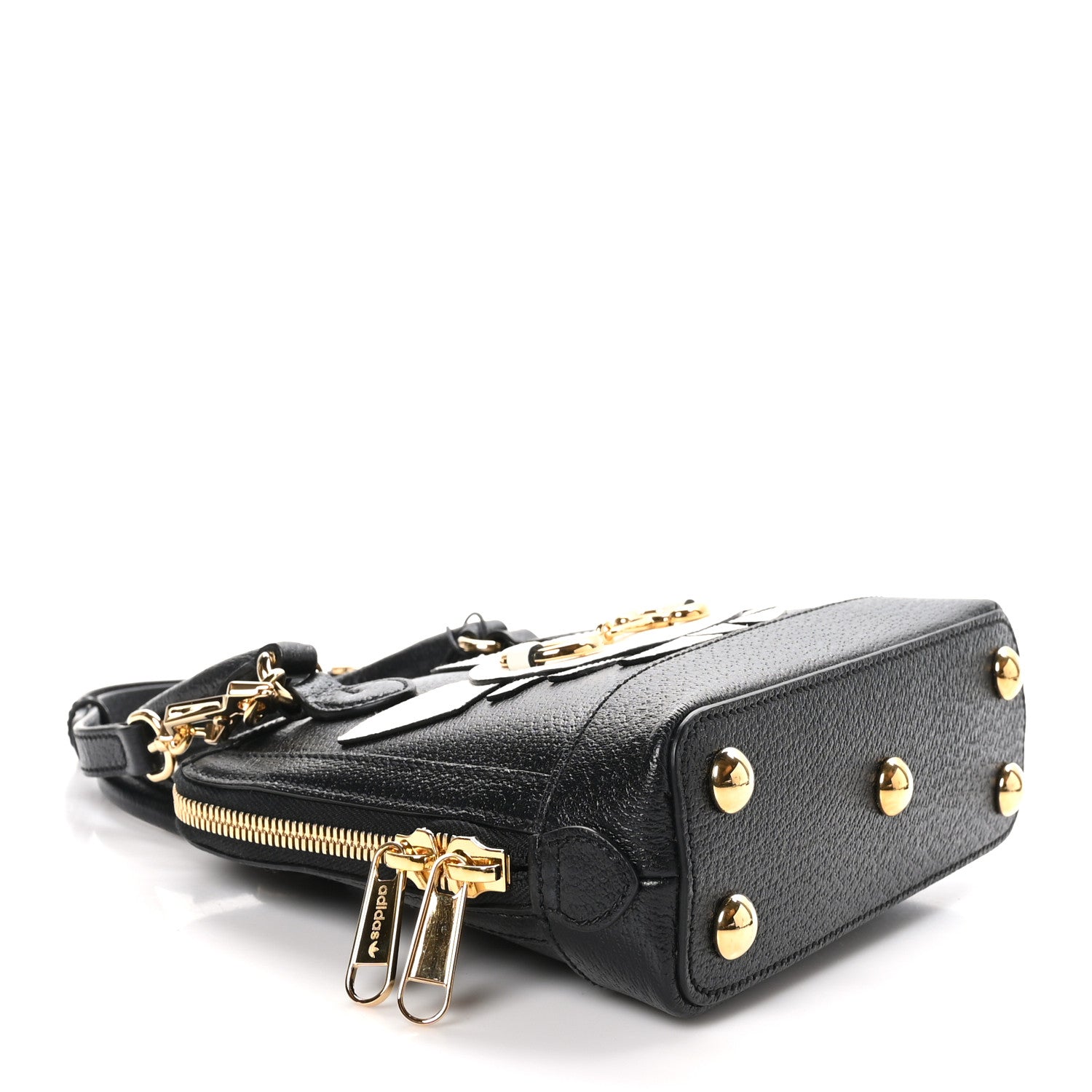 Gucci X ADIDAS Textured Dollar Calfskin Web Trefoil Mini Horsebit 1955 Top Handle Bag Black Off White 4 of 10