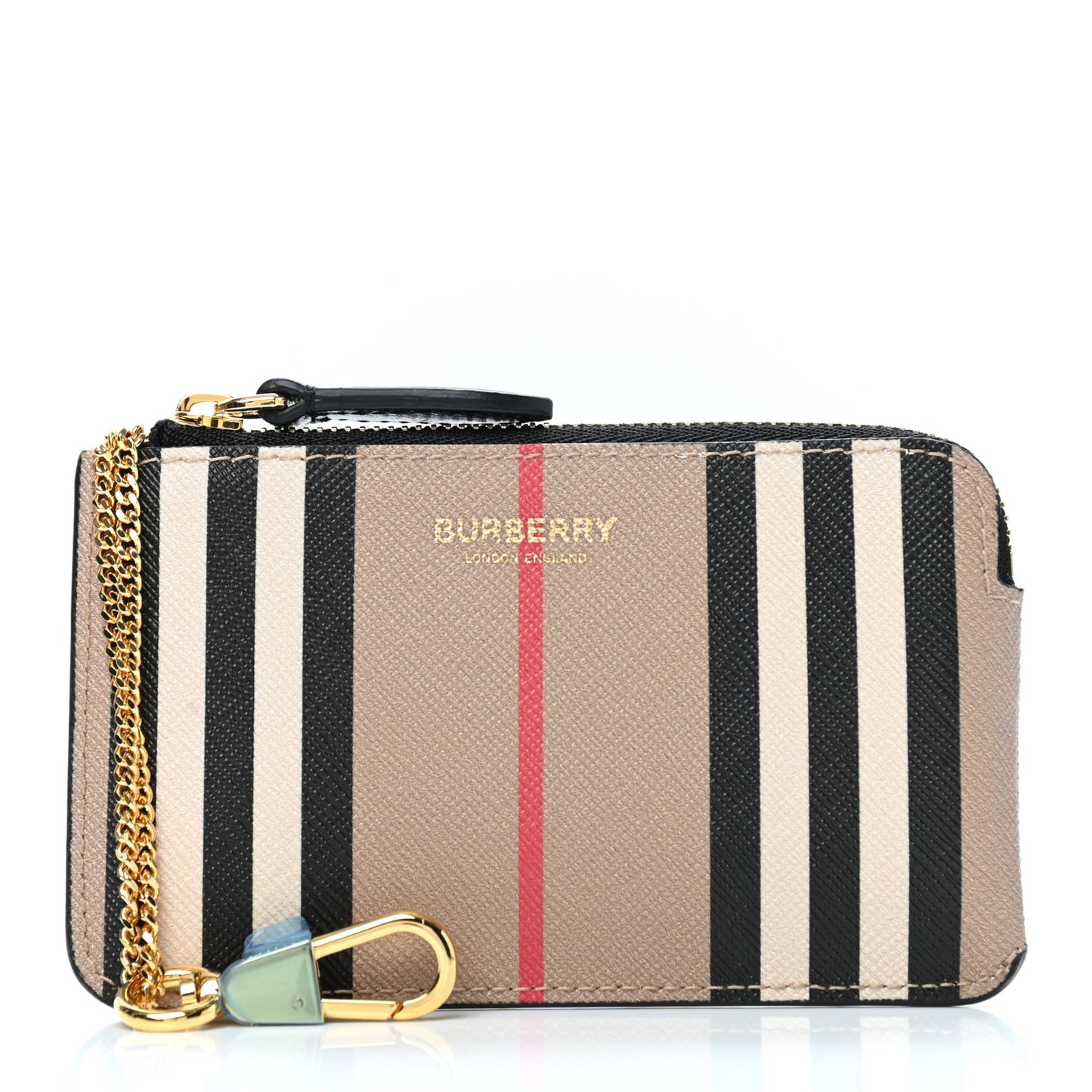 E-Canvas Calfskin Icon Stripe Zip Coin Case Archive Beige