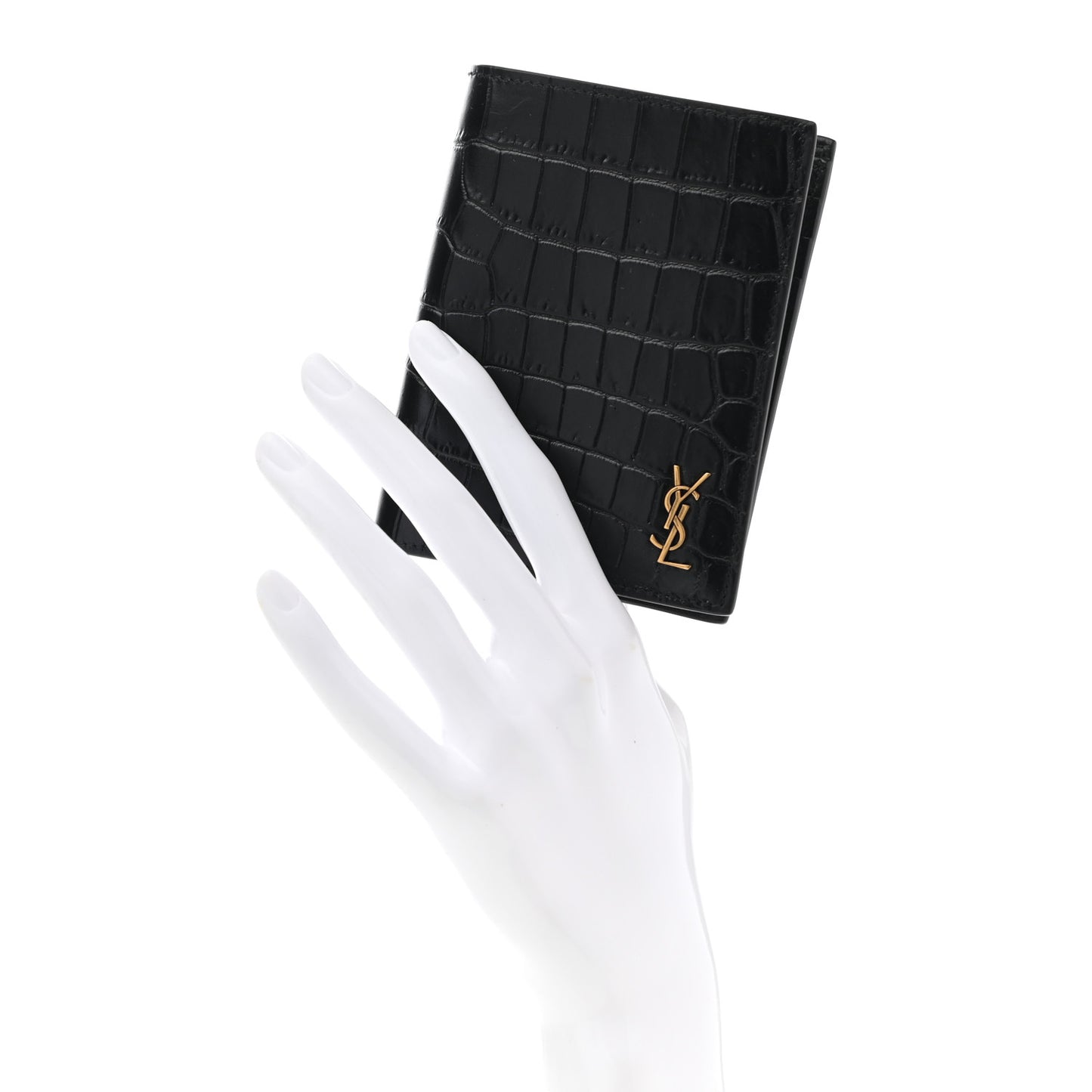 Calfskin Crocodile Embossed Tiny Monogram Credit Card Wallet Black