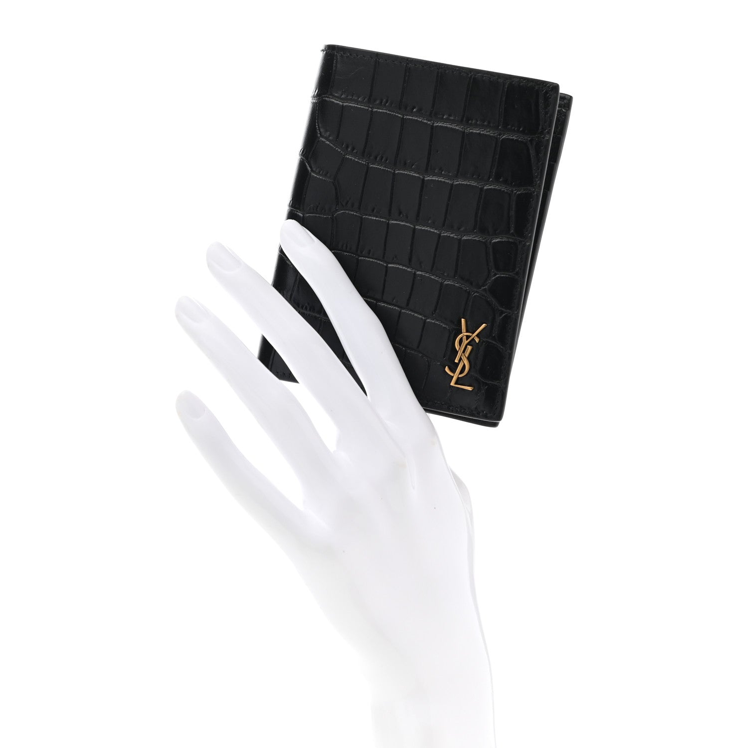Saint Laurent Calfskin Crocodile Embossed Tiny Monogram Credit Card Wallet Black 2 of 7