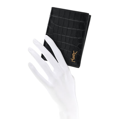 Saint Laurent Calfskin Crocodile Embossed Tiny Monogram Credit Card Wallet Black 2 of 7