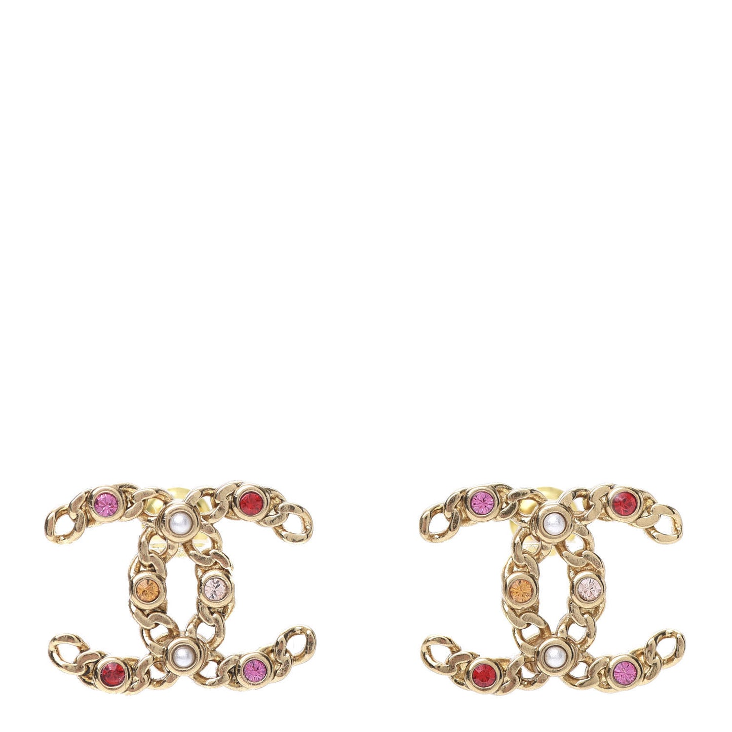Pearl Crystal Chain Link CC Earrings Gold Red Pink Yellow