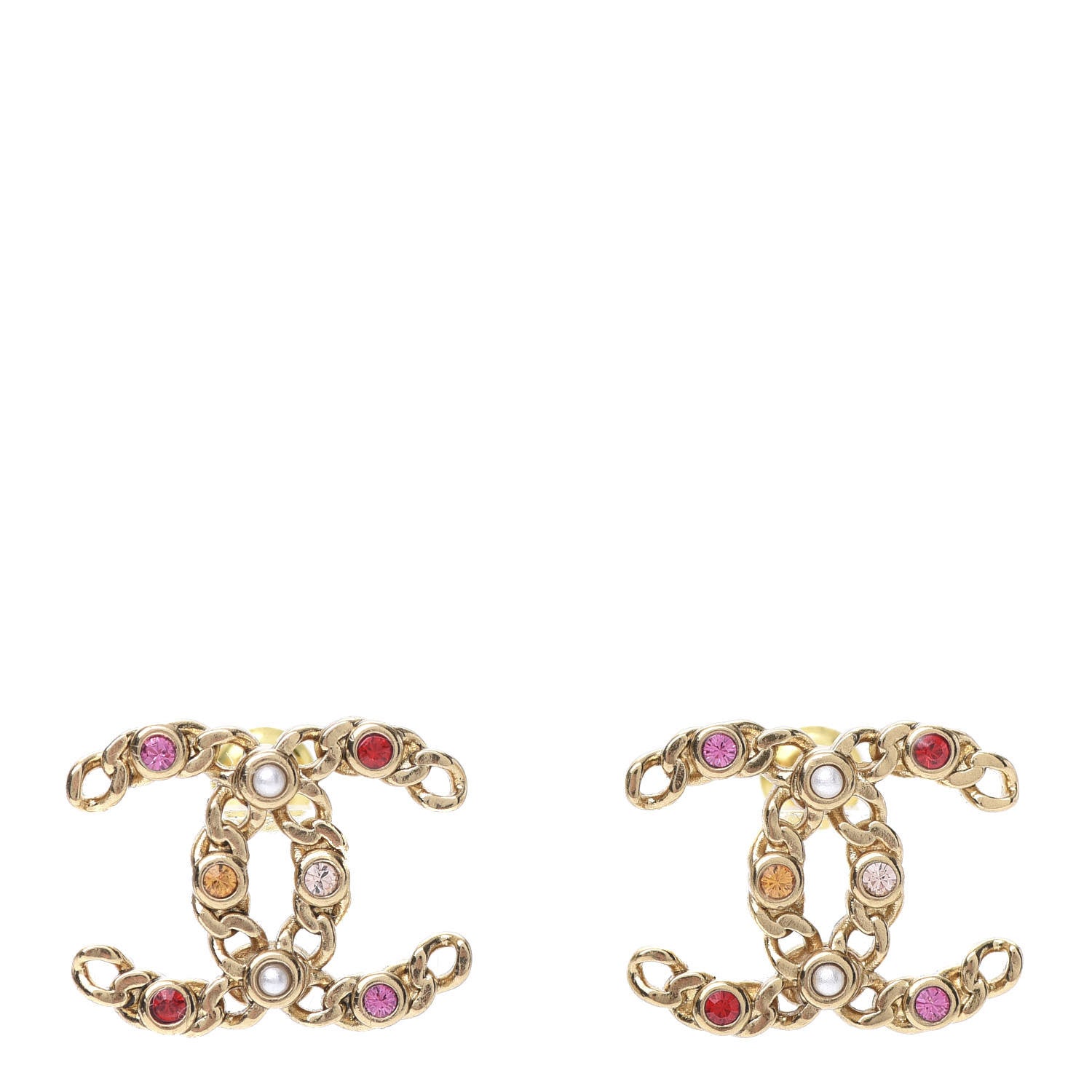 Chanel Pearl Crystal Chain Link CC Earrings Gold Red Pink Yellow 1 of 5