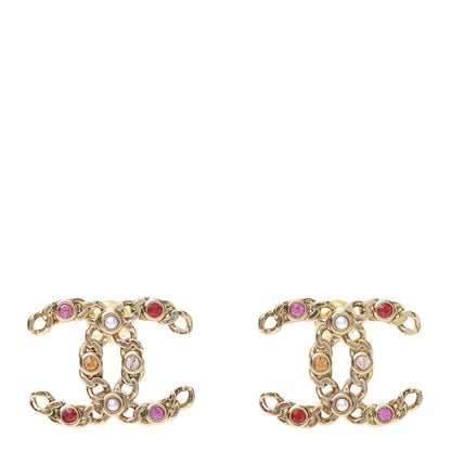 Chanel Pearl Crystal Chain Link CC Earrings Gold Red Pink Yellow 1 of 5