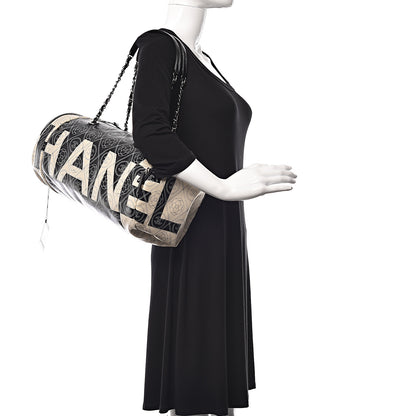 Chanel Coated Canvas Camellia Printed Calfskin Bowling Bag Black Beige 2 of 11