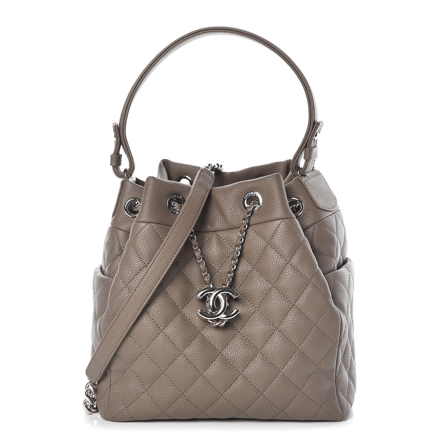 Grained Calfskin Quilted Small Chain Bucket Bag Khaki