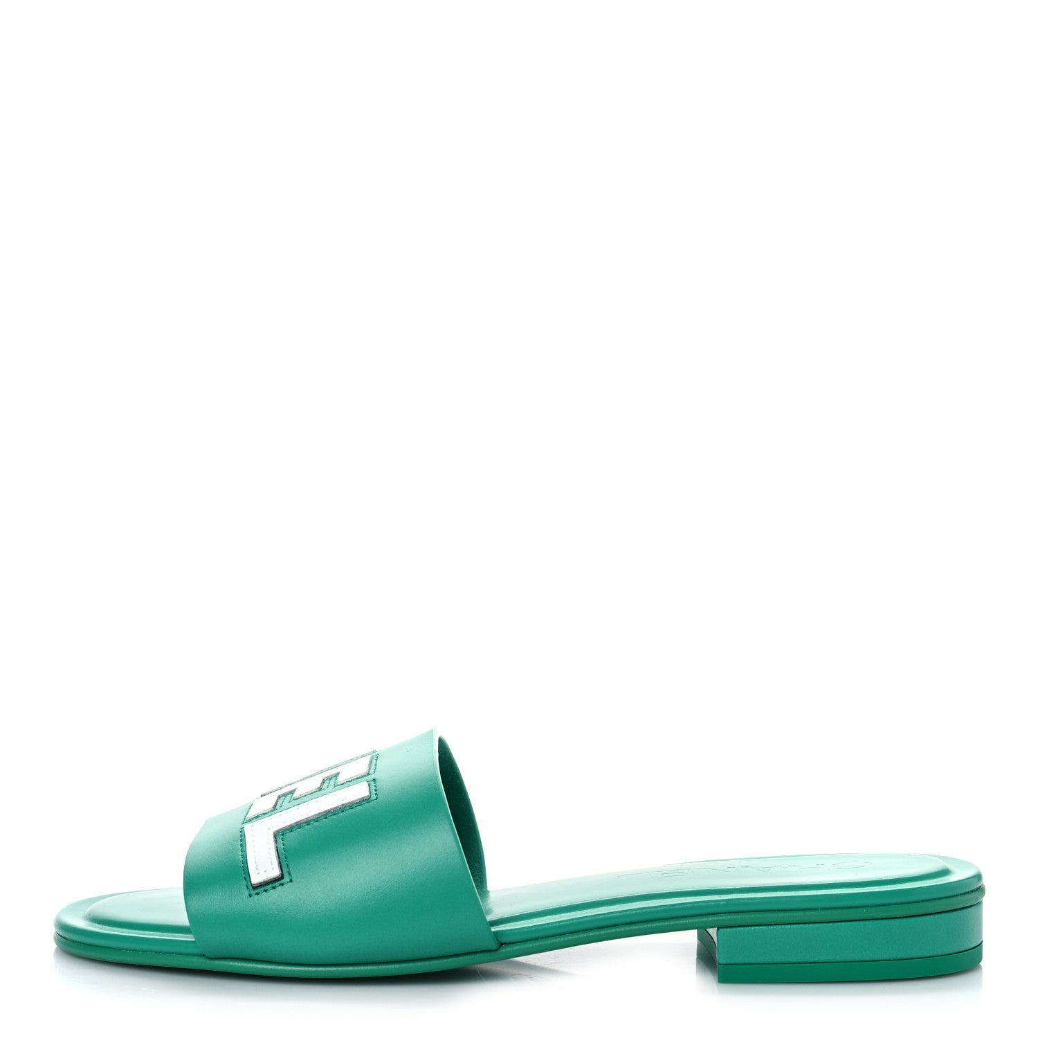 Chanel Calfskin Patent Calfskin Logo Mules 37 Green White 1 of 8