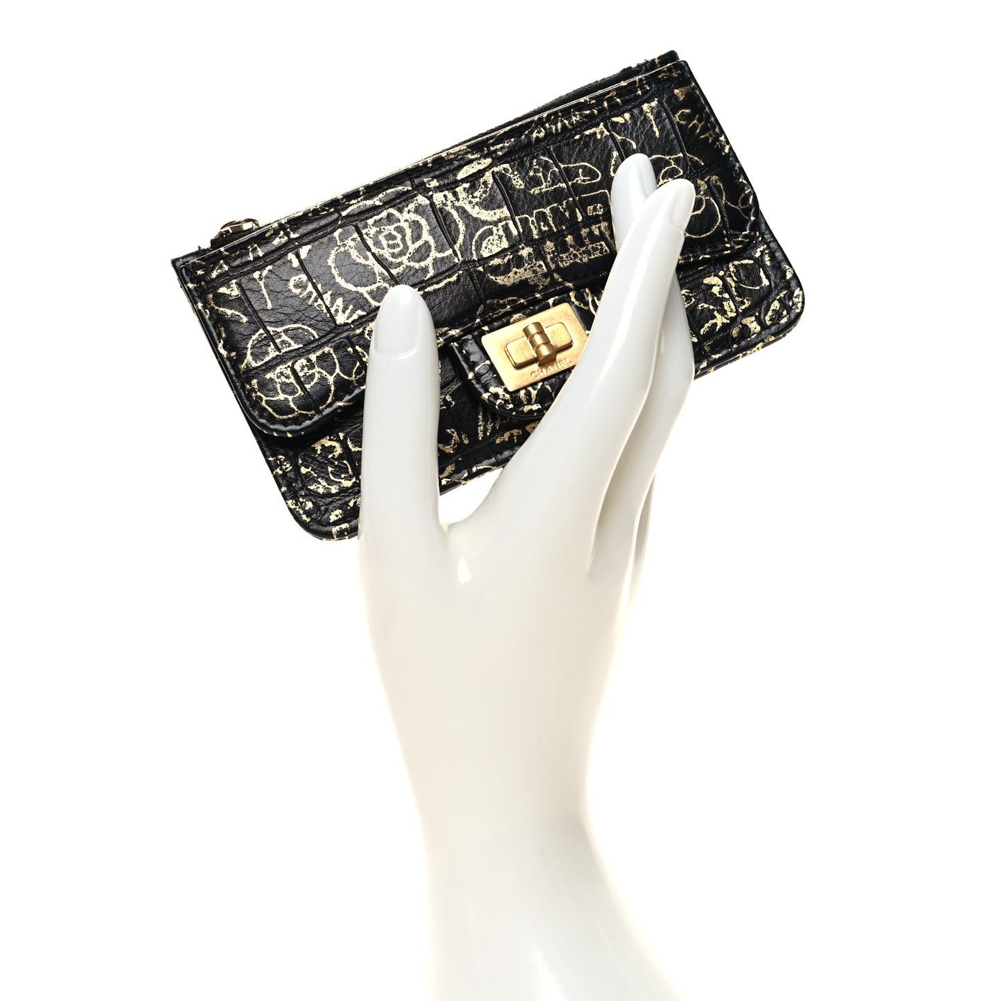 Calfskin Crocodile Embossed Graffiti Reissue Flap Zip Card Holder Black Gold