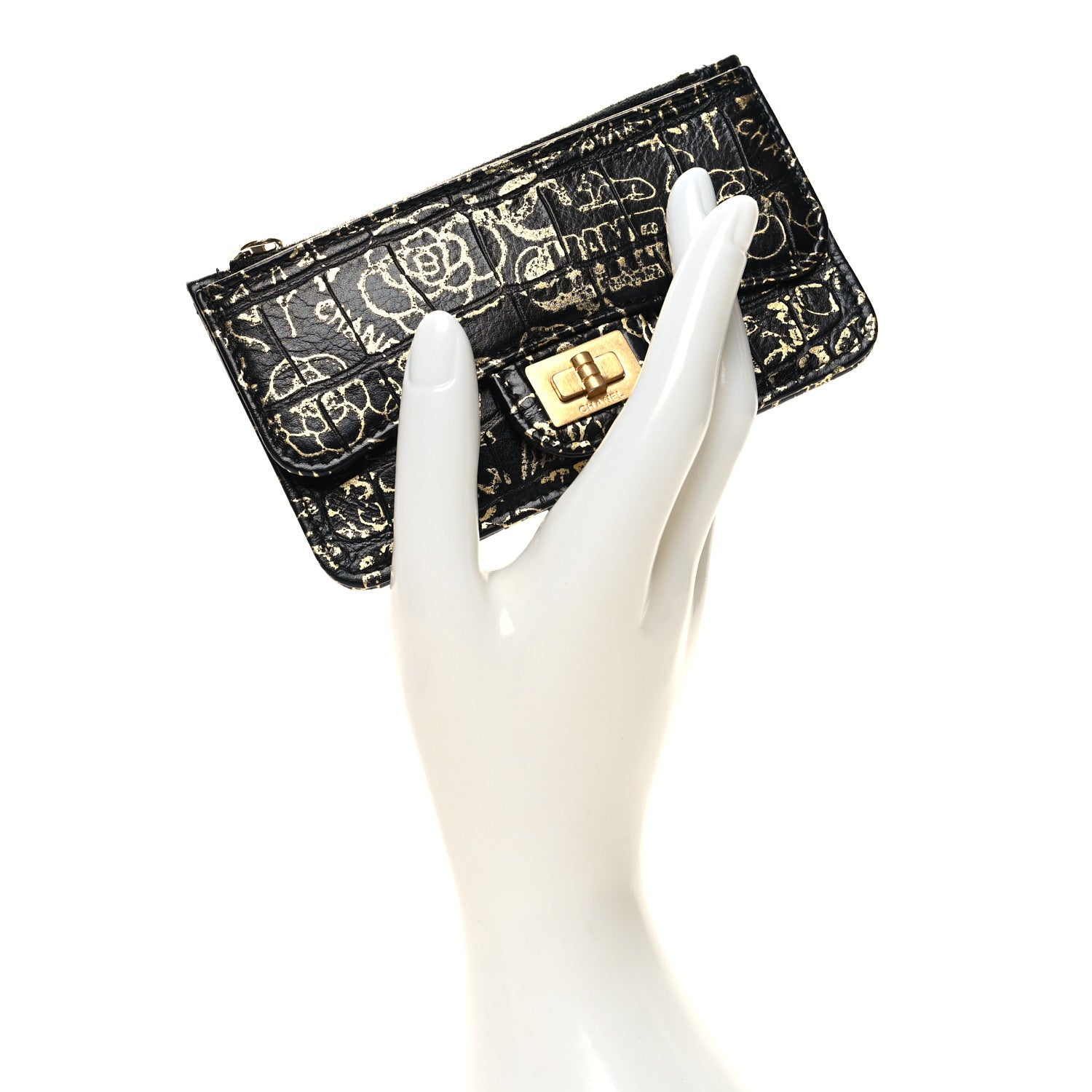 Chanel Calfskin Crocodile Embossed Graffiti Reissue Flap Zip Card Holder Black Gold 2 of 8