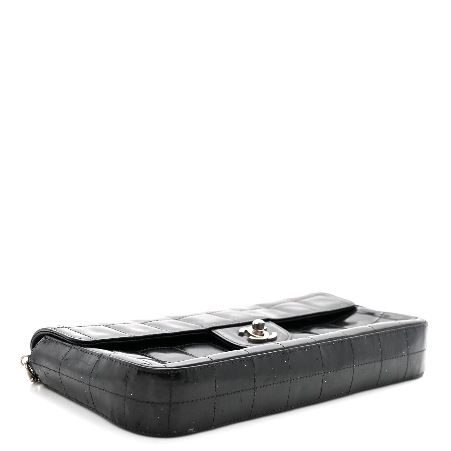 Patent Quilted East West Chocolate Bar Flap Black