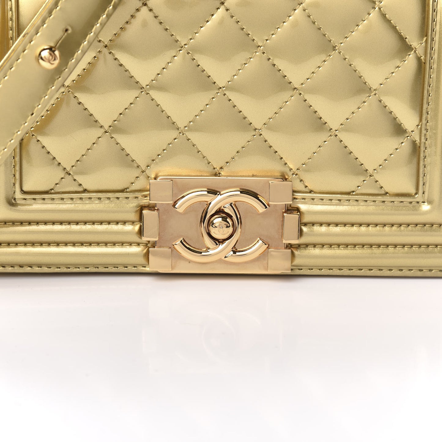 Metallic Patent Calfskin Quilted Small Boy Flap Gold