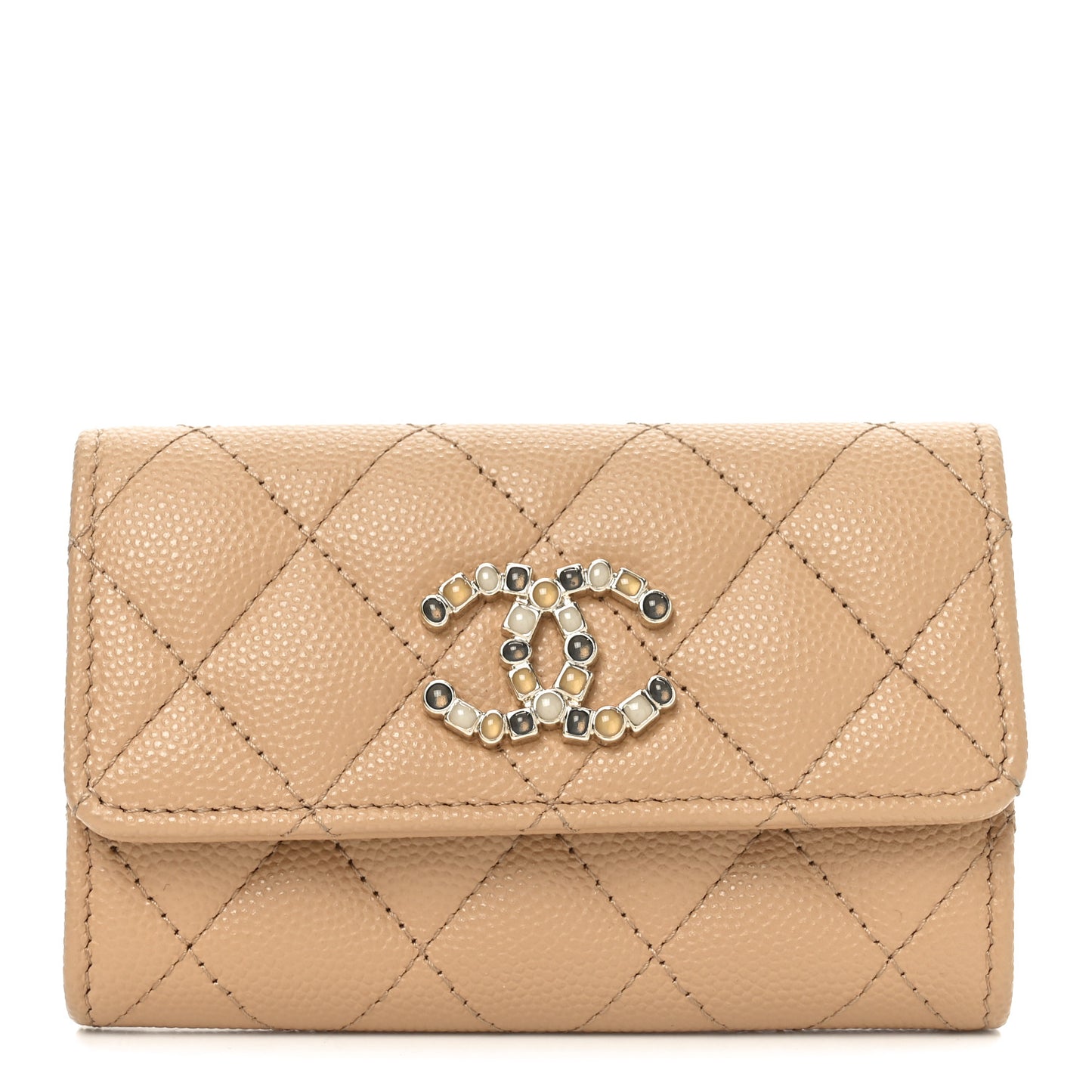 Shiny Caviar Enamel Quilted CC Flap Card Holder Beige