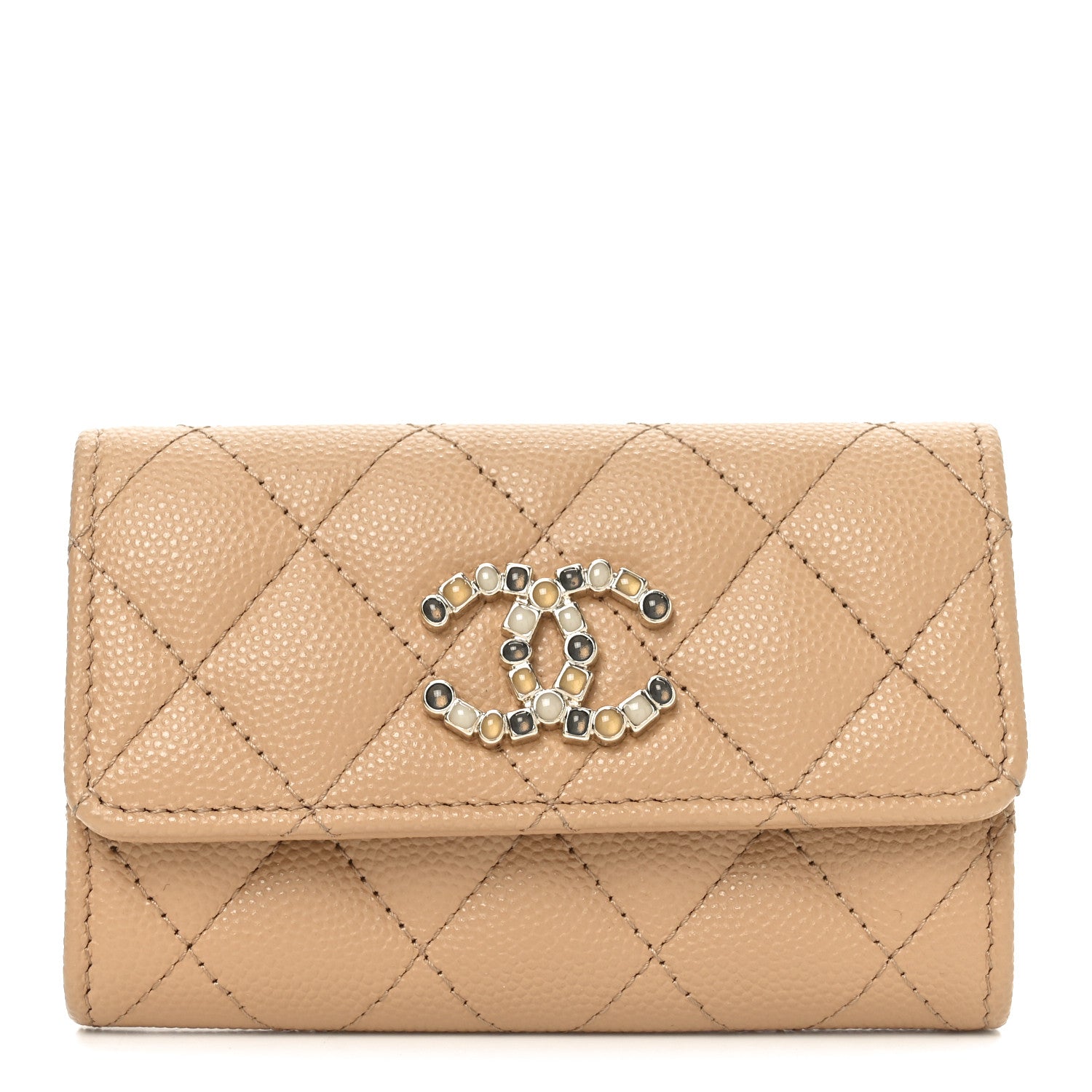 Chanel Shiny Caviar Enamel Quilted CC Flap Card Holder Beige 1 of 9