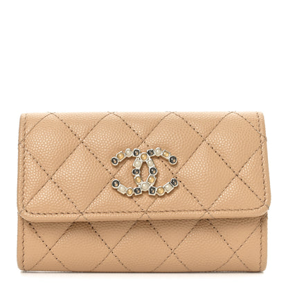 Chanel Shiny Caviar Enamel Quilted CC Flap Card Holder Beige 1 of 9